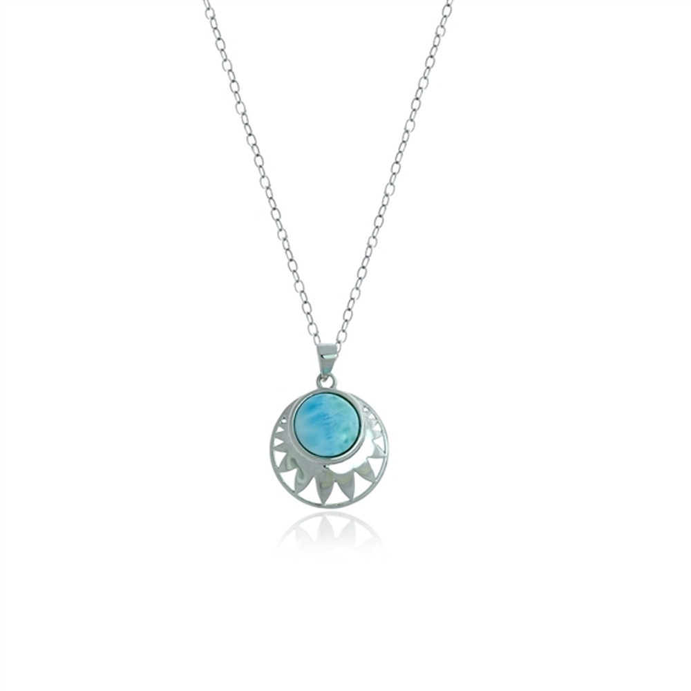 925 Sterling Silver Round Larimar Flower Pendant 4.3 gm